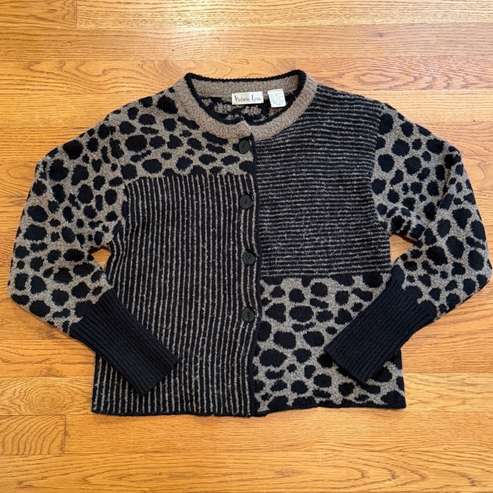 Victoria Lynn Leopard Patchwork Wool Blend Cardigan Sweater Tan Black PM